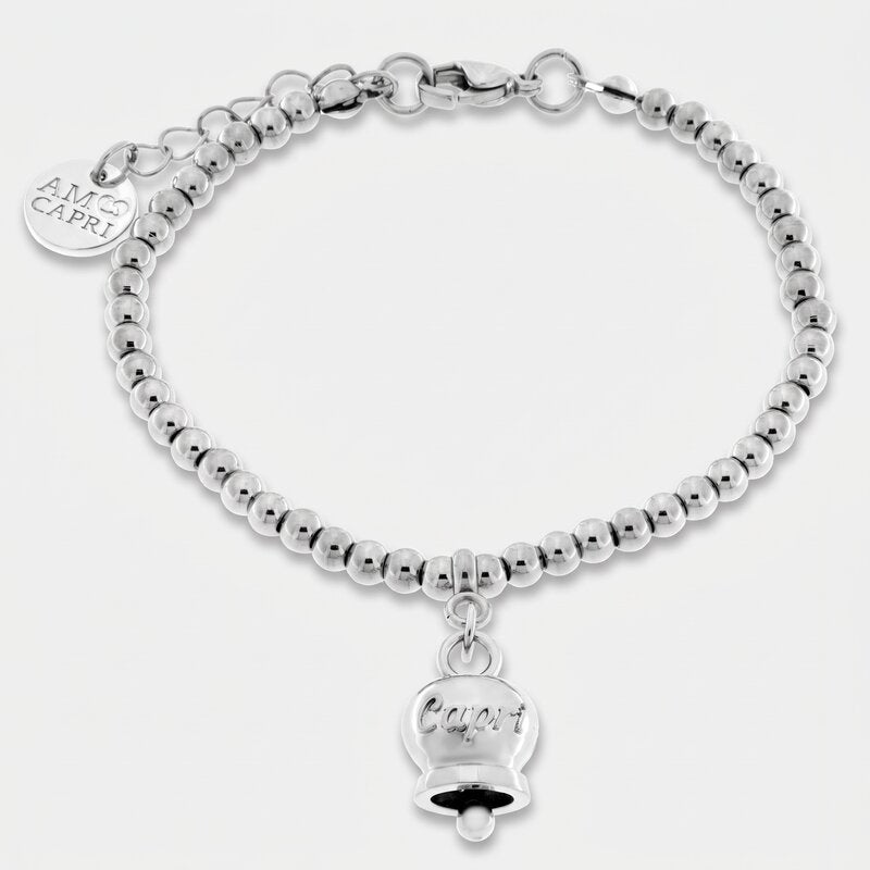 Bracciale in Acciaio a perline con campanella  pendente  con scritta Capri - BYSIMON gioielli