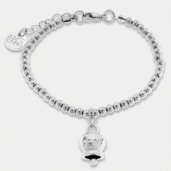 Bracciale in Acciaio a perline con campanella  pendente  con scritta Capri - BYSIMON gioielli