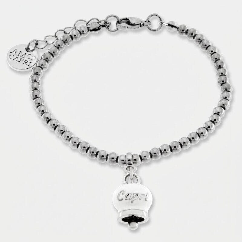 Bracciale in Acciaio Inossidabile con campanella pendente bianca con scritta Capri | gioielli in acciaio inossidabile | BYSIMON