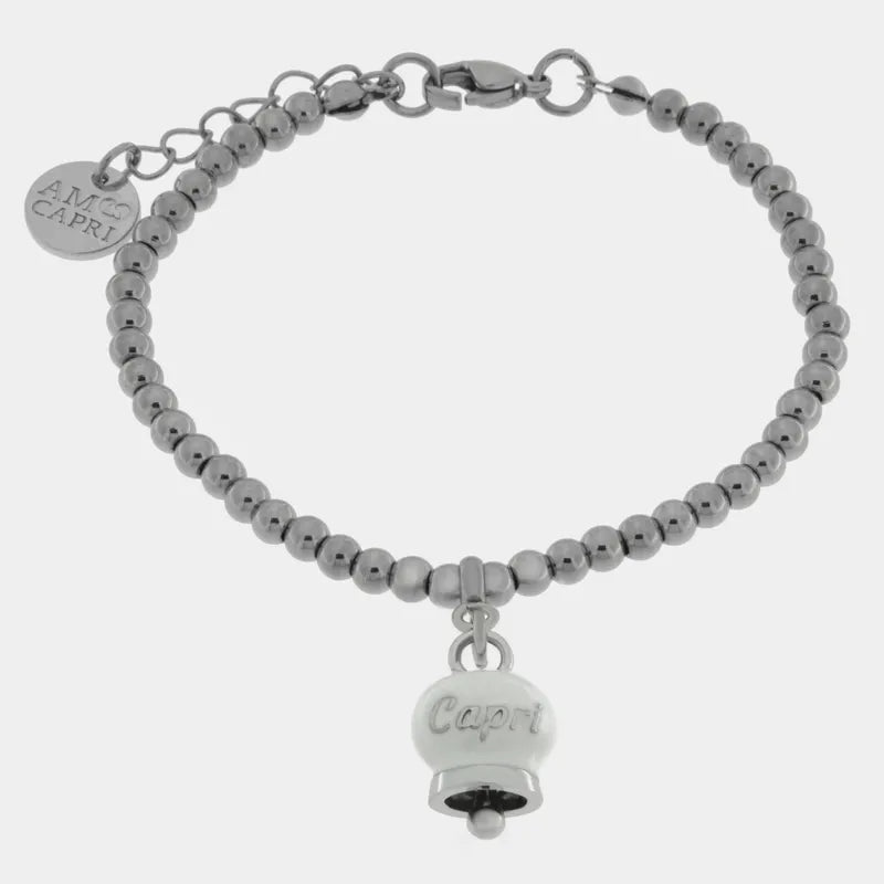 Bracciale in Acciaio con campanella  pendente bianca  con scritta Capri - BYSIMON gioielli