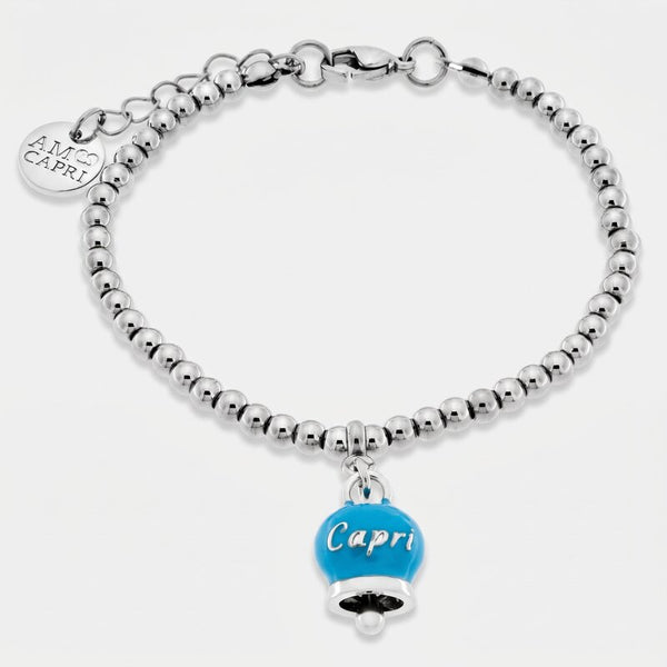Bracciale in Acciaio Inossidabile con campanella pendente azzurra con scritta Capri | gioielli in acciaio inossidabile | BYSIMON