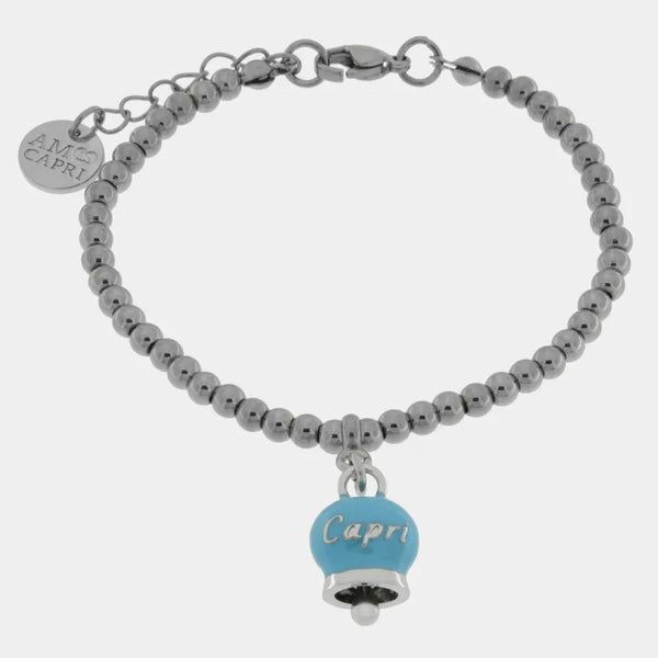 Bracciale in Acciaio Inossidabile con campanella pendente azzurra con scritta Capri | gioielli in acciaio inossidabile | BYSIMON