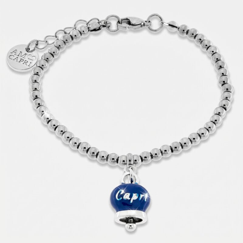 Bracciale in Acciaio con campanella pendente blu   con scritta Capri - BYSIMON gioielli