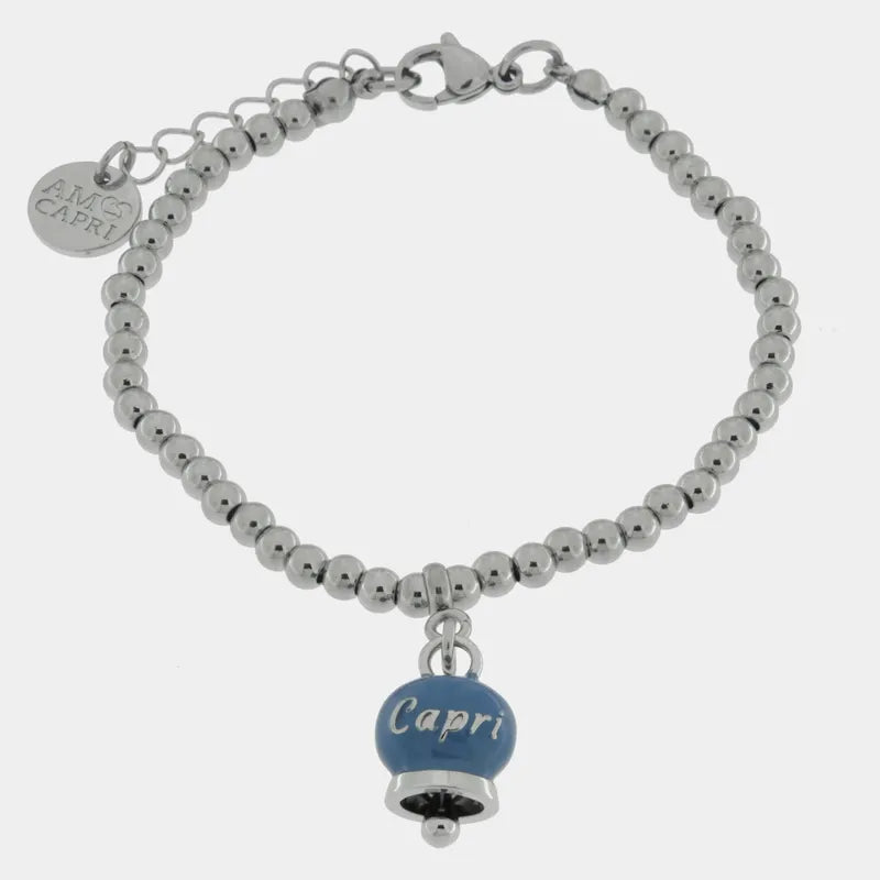 Bracciale in Acciaio  con campanella pendente blu cobalto   con scritta Capri - BYSIMON gioielli