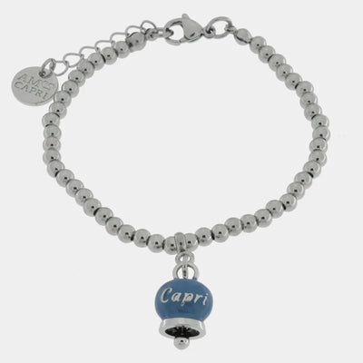 Bracciale in Acciaio  con campanella pendente blu cobalto   con scritta Capri - BYSIMON gioielli