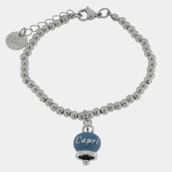 Bracciale in Acciaio  con campanella pendente blu cobalto   con scritta Capri - BYSIMON gioielli