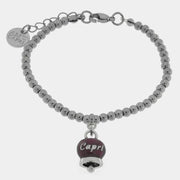 Bracciale in Acciaio   con campanella pendente borgogna   con scritta Capri