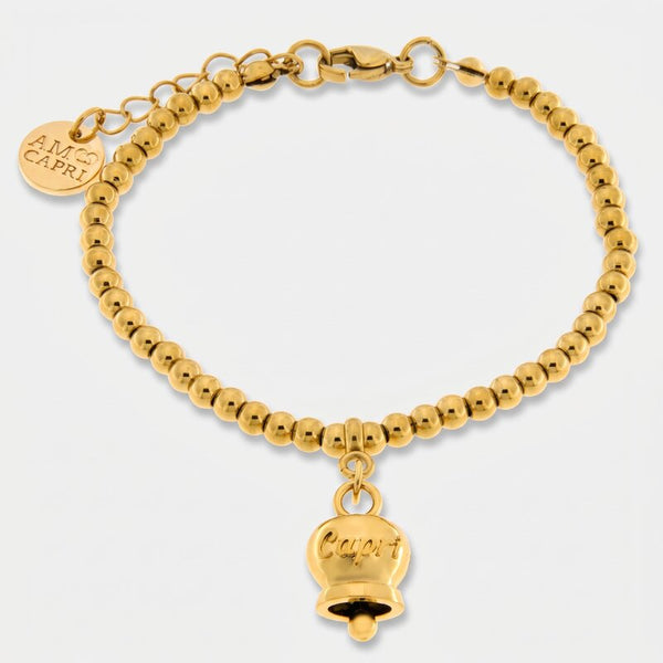 Bracciale in Acciaio con campanella pendente placcata oro   con scritta Capri - BYSIMON gioielli