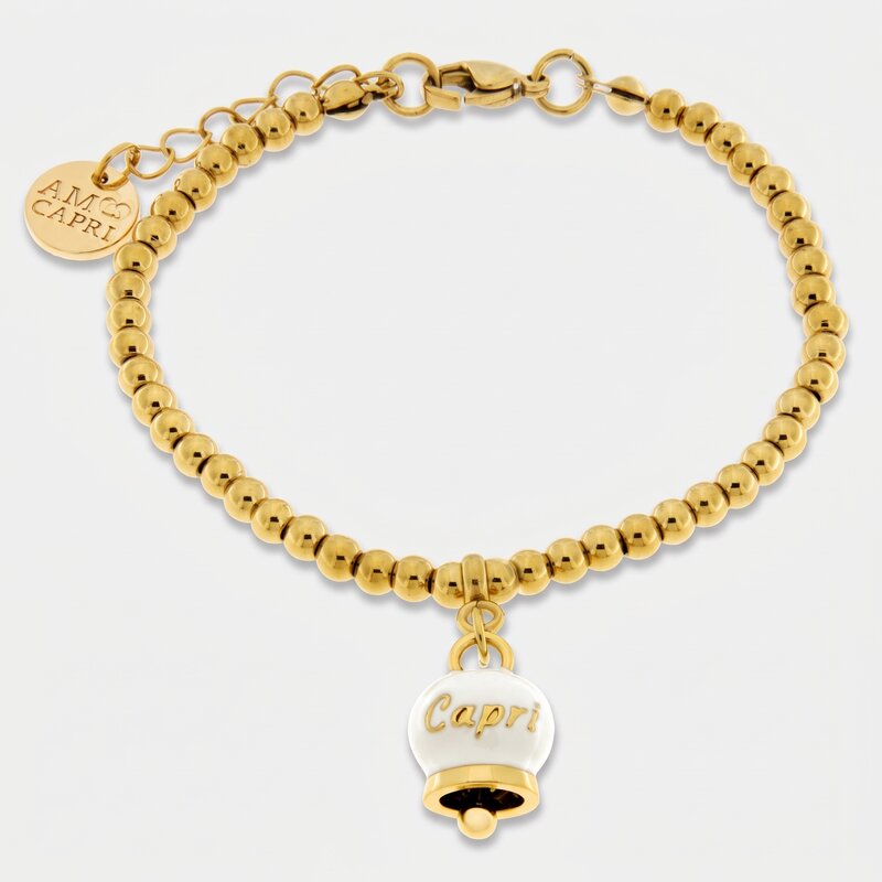 Bracciale in Acciaio Inossidabile a perline con campanella pendente bianca e oro con scritta Capri | gioielli in acciaio inossidabile | BYSIMON