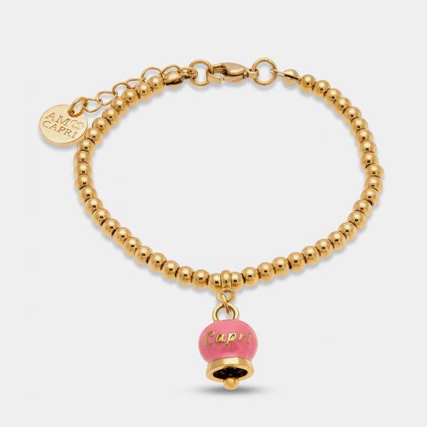 Bracciale in Acciaio  con campanella  pendente rosa  con scritta Capri - BYSIMON gioielli
