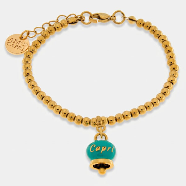 Bracciale in Acciaio  con campanella  pendente verde  con scritta Capri - BYSIMON gioielli