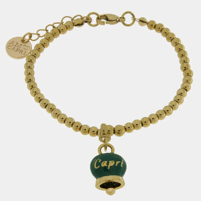 Bracciale in Acciaio  con campanella pendente verde   con scritta Capri - BYSIMON gioielli
