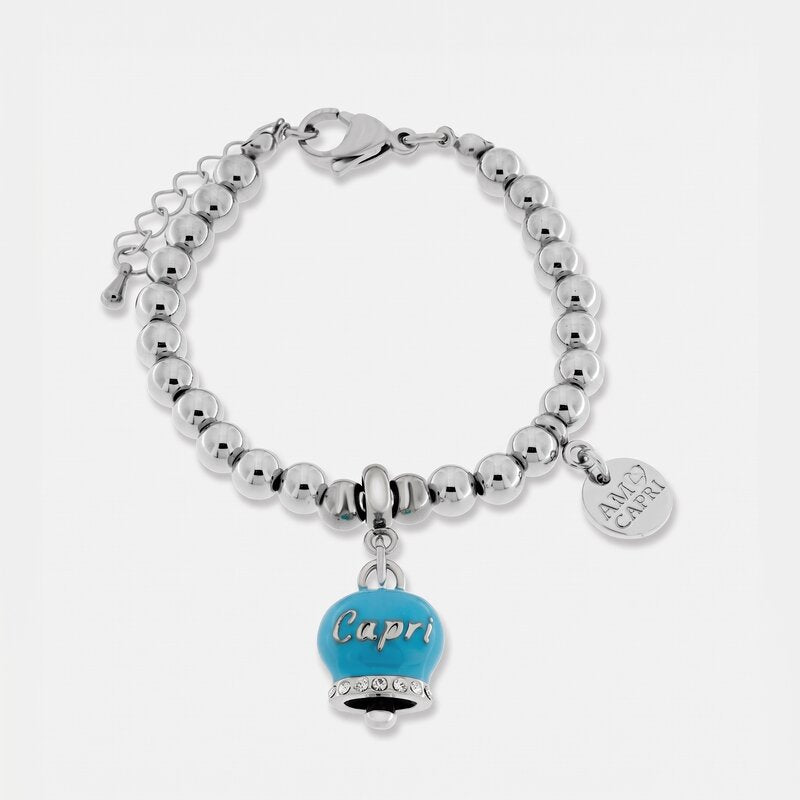 Bracciale in Acciaio con campanella azzurra con scritta Capri | gioielli in acciaio | BYSIMON