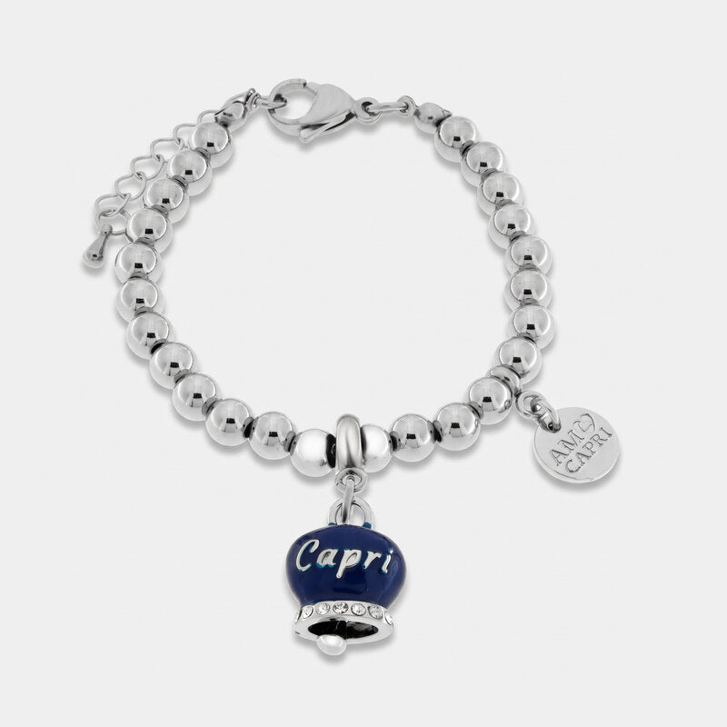 Bracciale in Acciaio  con campanella pendente azzurra   con scritta Capri - BYSIMON gioielli