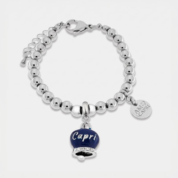 Bracciale in Acciaio  con campanella pendente azzurra   con scritta Capri - BYSIMON gioielli