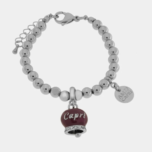 Bracciale in Acciaio a perline con campanella borgogna   con scritta Capri - BYSIMON gioielli