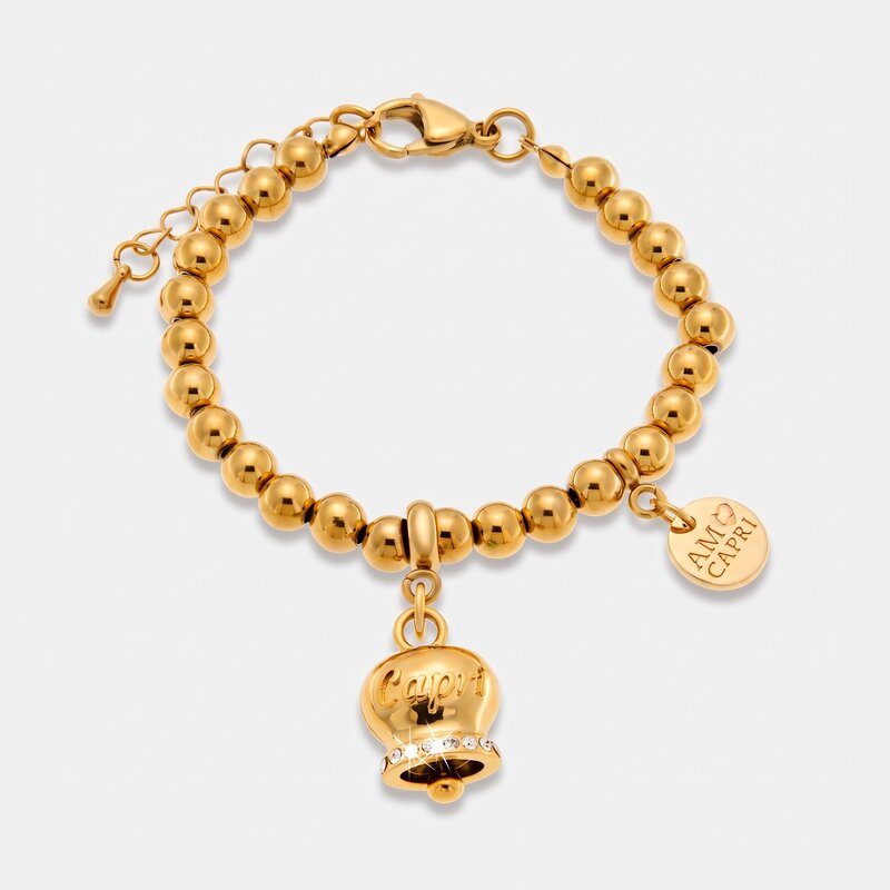 Bracciale in Acciaio con campanella placcata oro   con scritta Capri - BYSIMON gioielli