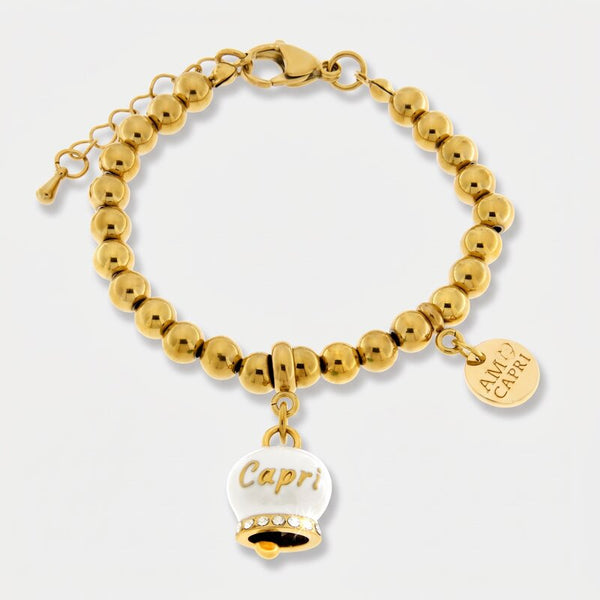 Bracciale in Acciaio con campanella bianca e oro con scritta Capri | gioielli in acciaio | BYSIMON