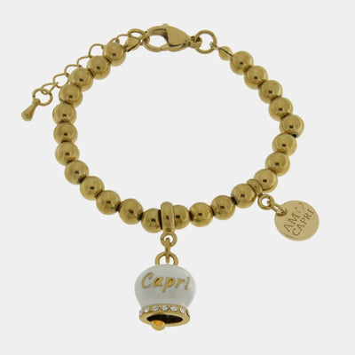 Bracciale in Acciaio Inossidabile con campanella bianca e oro con scritta Capri | gioielli in acciaio inossidabile | BYSIMON