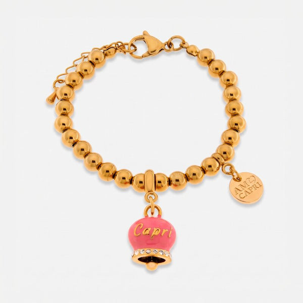 Bracciale in Acciaio con campanella  rosa   con scritta Capri - BYSIMON gioielli