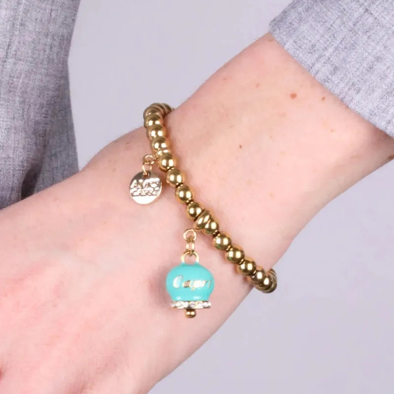 Bracciale in Acciaio  con campanella  verde  con scritta Capri - BYSIMON gioielli
