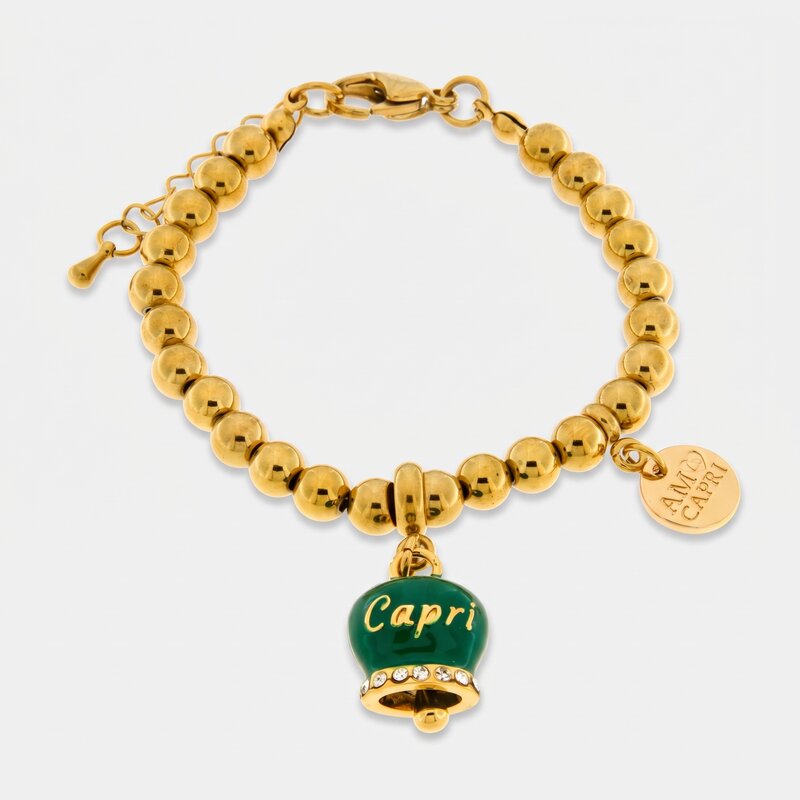 Bracciale in Acciaio  con campanella verde   con scritta Capri - BYSIMON gioielli