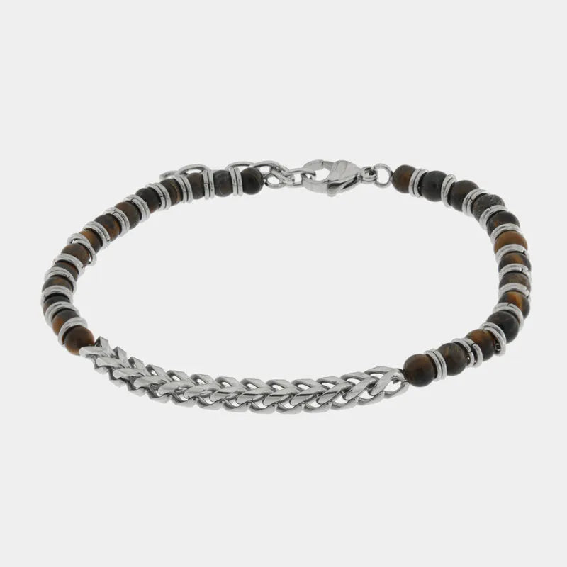 Bracciale in Acciaio a catena con sfere neri e occhio di tigre - BYSIMON gioielli