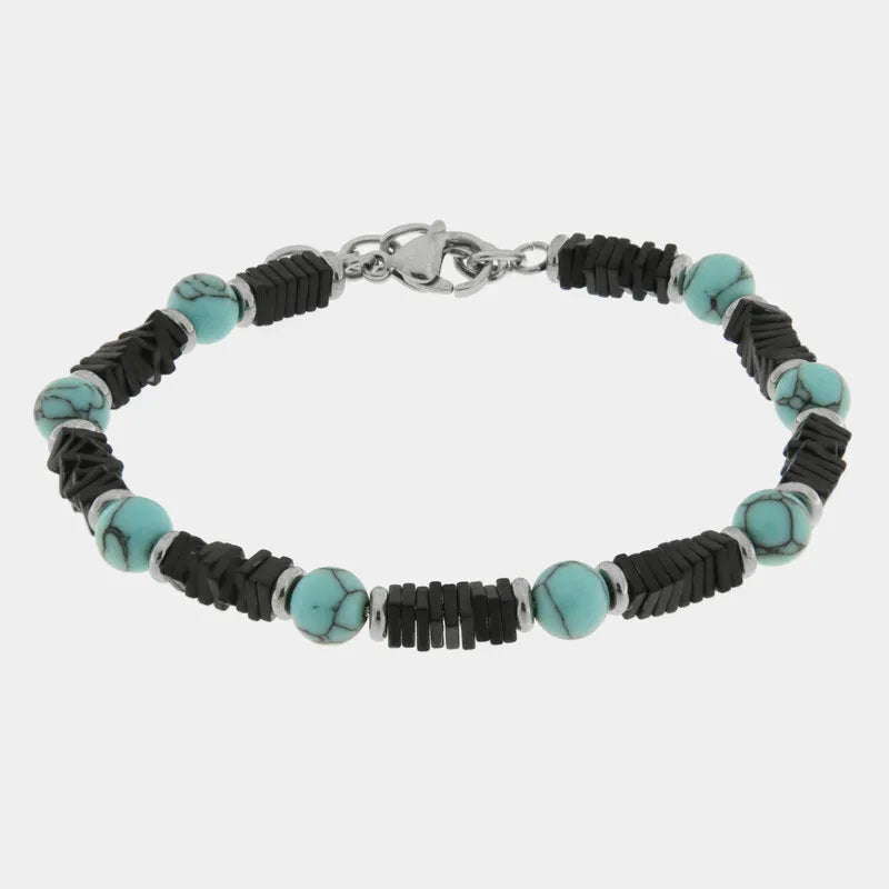 Bracciale in Acciaio con sfere turchesi e dettagli neri - BYSIMON gioielli