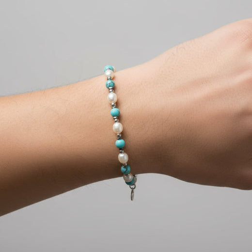 Bracciale in Acciaio con giro di perle e sfere turchesi - BYSIMON gioielli