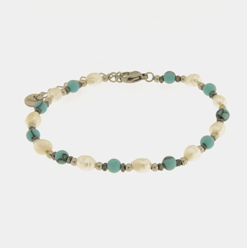 Bracciale in Acciaio con giro di perle e sfere turchesi - BYSIMON gioielli