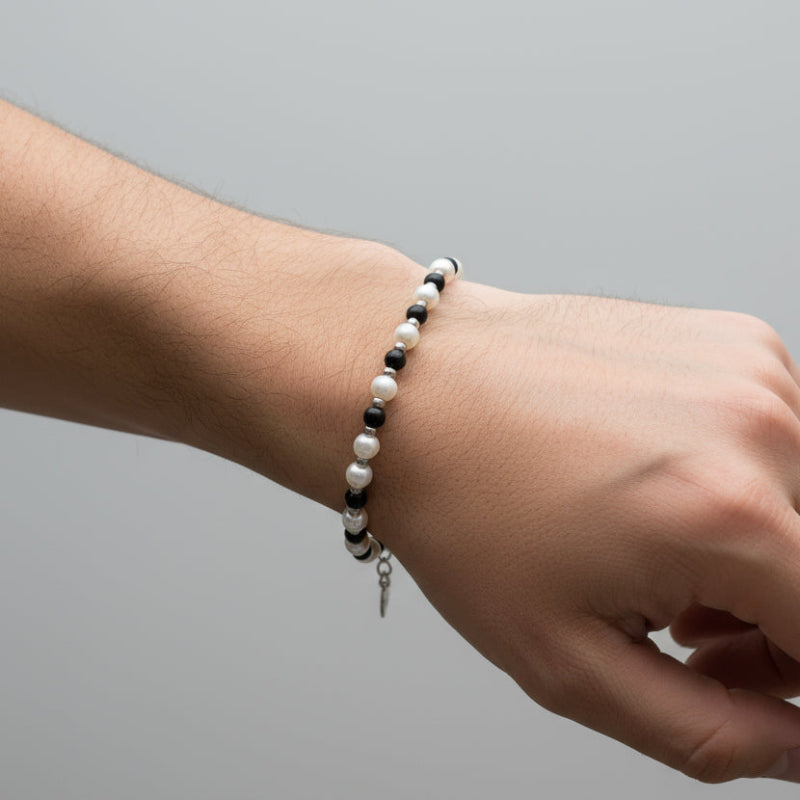 Bracciale in Acciaio con giro di perle e sfere nere - BYSIMON gioielli