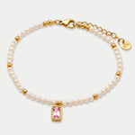 Bracciale in Acciaio con giro di perle e cristallo rettangolare rosa - BYSIMON gioielli