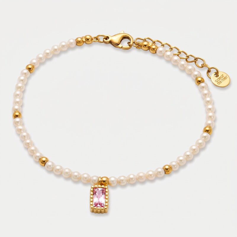 Bracciale in Acciaio con giro di perle e cristallo rettangolare rosa - BYSIMON gioielli
