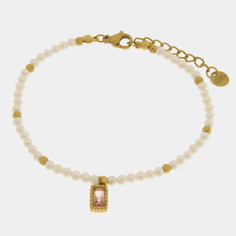 Bracciale in Acciaio con giro di perle e cristallo rettangolare rosa