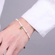 Bracciale in Acciaio con giro di perle e cristallo rettangolare verde