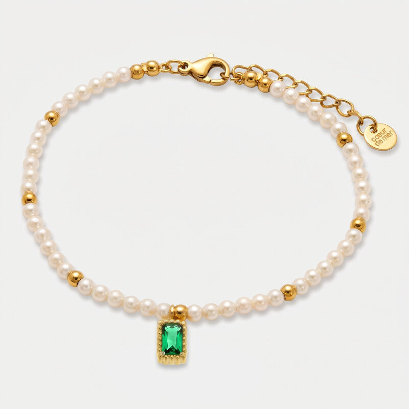 Bracciale in Acciaio con giro di perle e cristallo rettangolare verde - BYSIMON gioielli