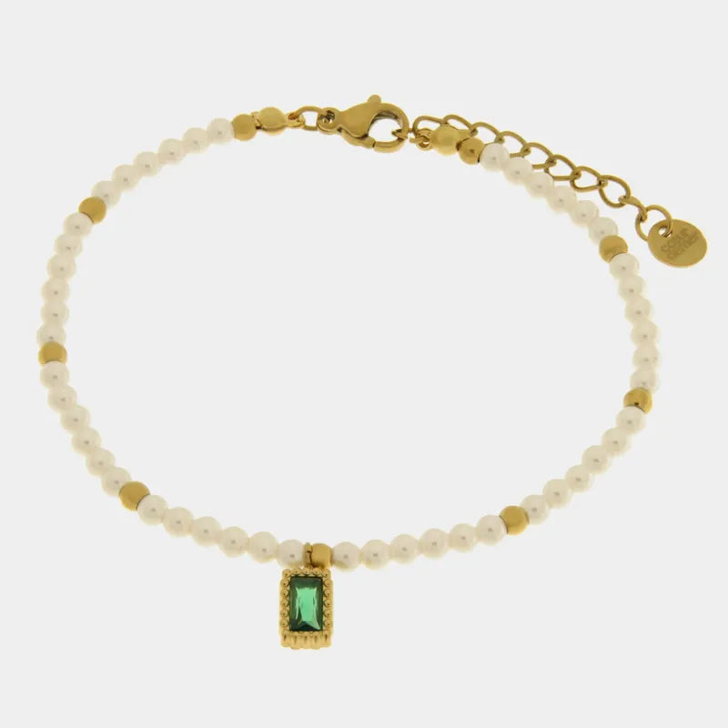 Bracciale in Acciaio con giro di perle e cristallo rettangolare verde