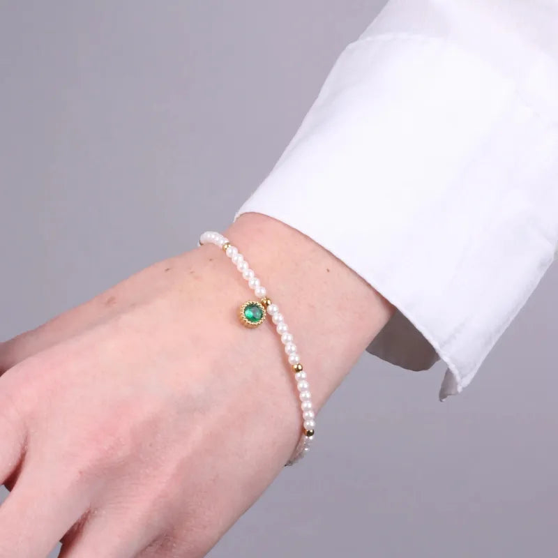 Bracciale in Acciaio con giro di perle e cristallo verde COEUR - gioiello BySimon