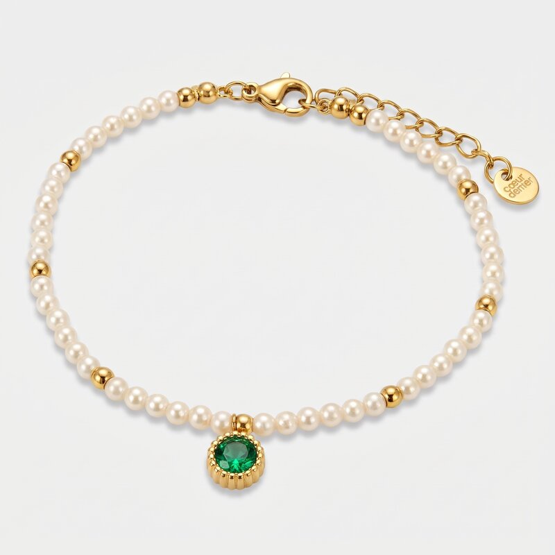 Bracciale in Acciaio con giro di perle e cristallo verde COEUR - gioiello BySimon