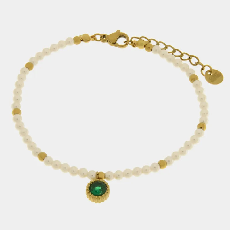 Bracciale in Acciaio con giro di perle e cristallo verde COEUR - gioiello BySimon