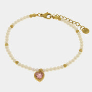Bracciale in Acciaio con giro di perle e cuore rosa