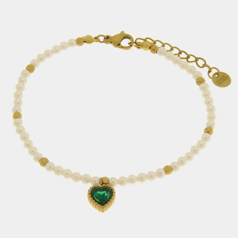 Bracciale in Acciaio con giro di perle e cuore verde