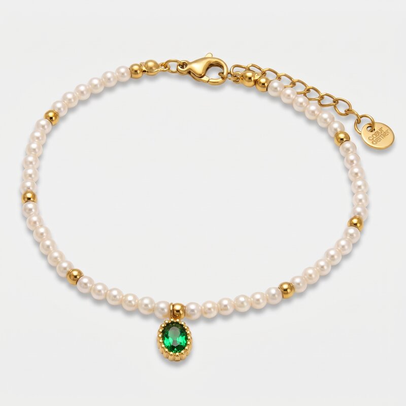 Bracciale in Acciaio con giro di perle e cristallo ovale verde COEUR - gioiello BySimon