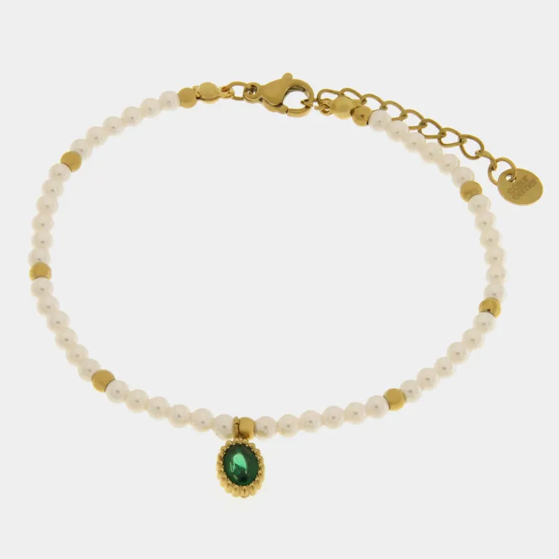 Bracciale in Acciaio con giro di perle e cristallo ovale verde COEUR - gioiello BySimon