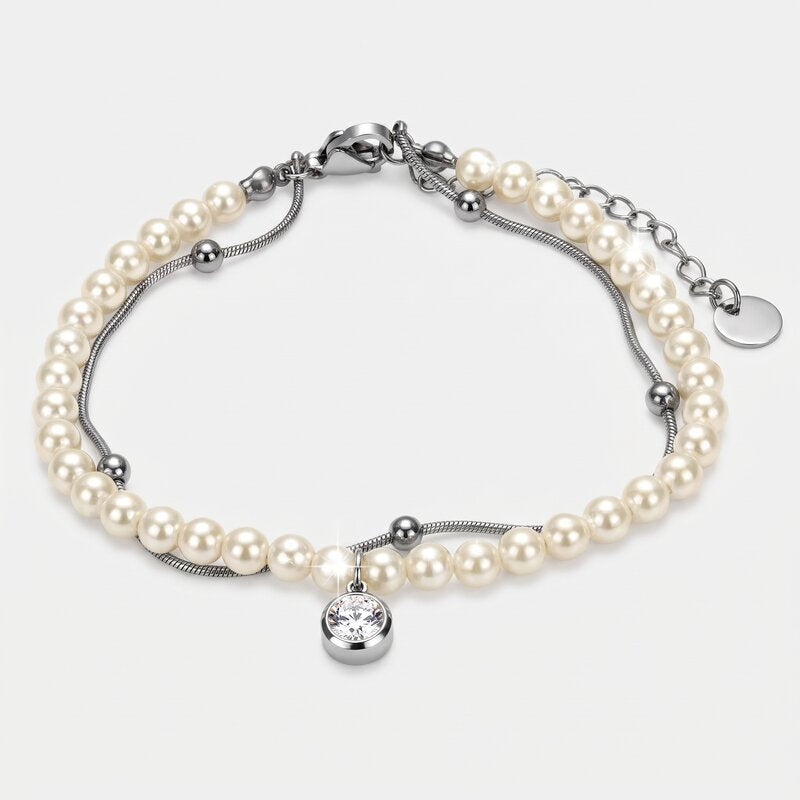 Bracciale in Acciaio doppia catena con perle e punto luce - BYSIMON gioielli