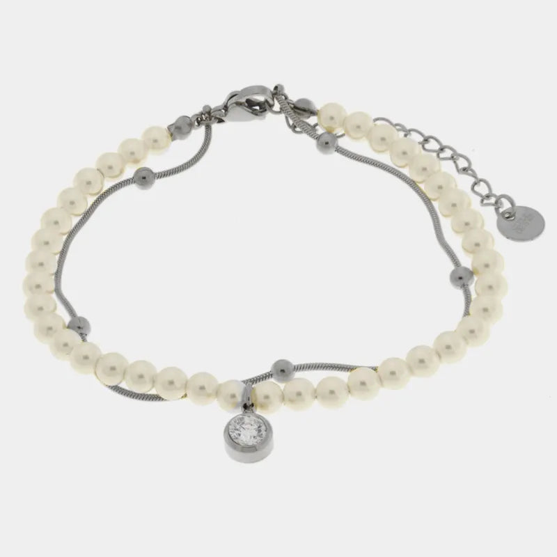 Bracciale in Acciaio doppia catena con perle e punto luce