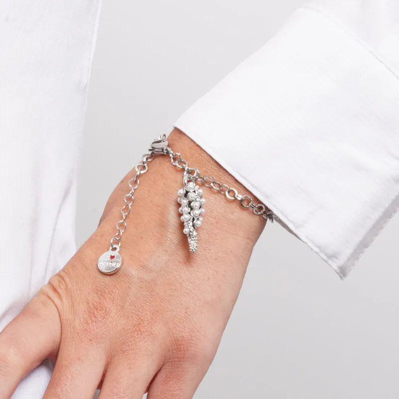 Bracciale in Acciaio con cornetto pendente e sfere bianche