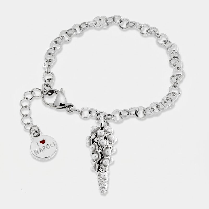 Bracciale in Acciaio con cornetto pendente e sfere bianche - BYSIMON gioielli