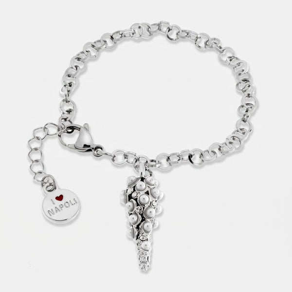 Bracciale in Acciaio con cornetto pendente e sfere bianche - BYSIMON gioielli