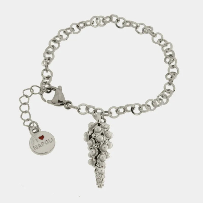 Bracciale in Acciaio con cornetto pendente e sfere bianche
